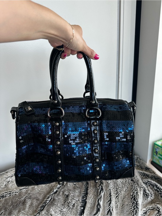 Betsey Johnson Handbags - Betsey Johnson, Sequined Black & Blue Satchel Handbag